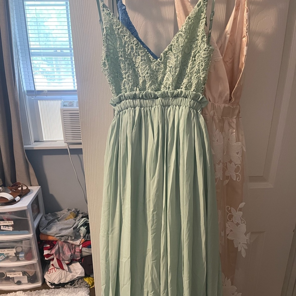 Full Length Sage Lace Prom Dress